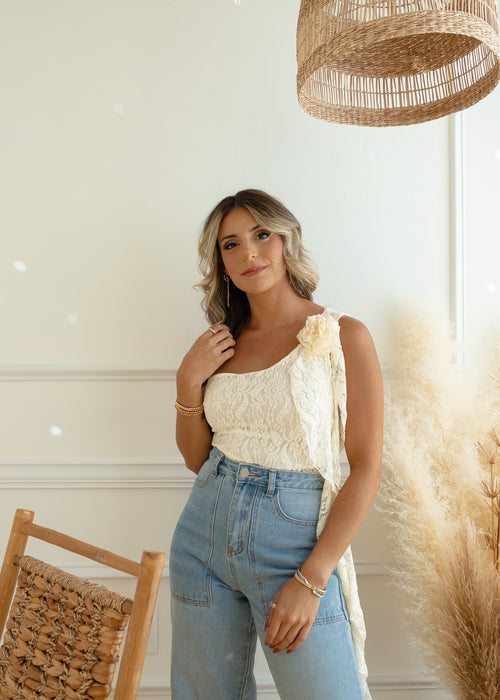 Without A Doubt Cream Rosette Lace Top